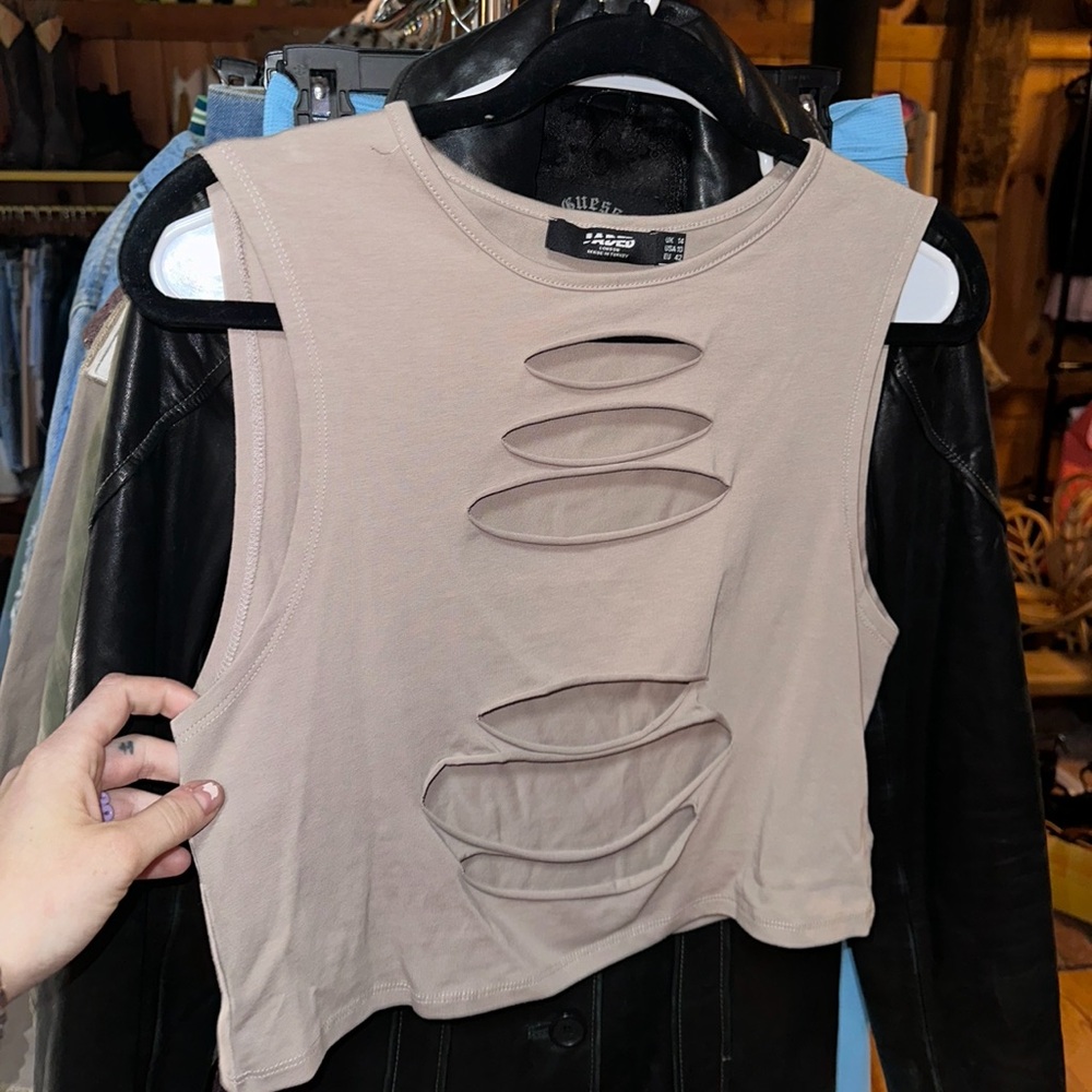 NWOT Jaded London Beige Slash Distressed Cotton Tank Top - Picture 4 of 9